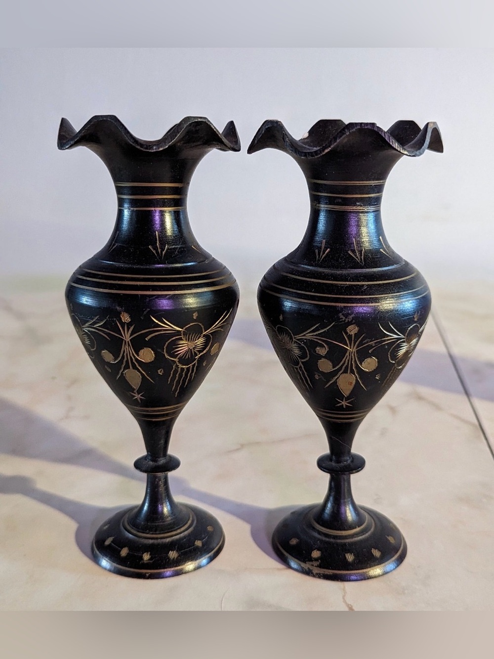 Elegant Black & Gold Vase Pair - Hollywood Regency Etched Brass Mini Bud Vases